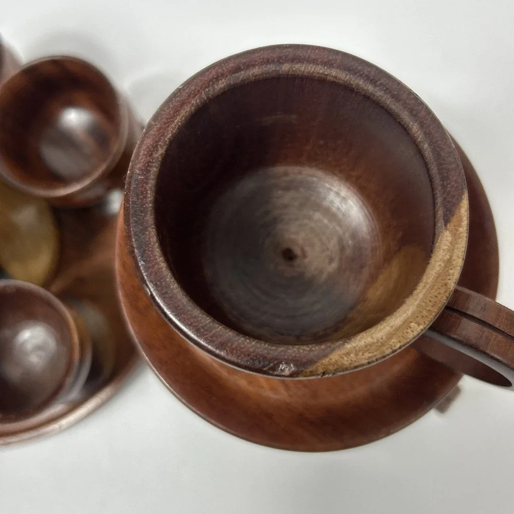 Vintage MCM Monkeypod Wood Wine Goblet Decanter Mug Tray  Hand Turned